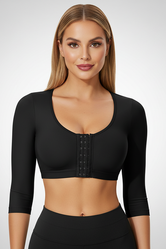 Women's post-surgery upper arm compression shaper, front view.