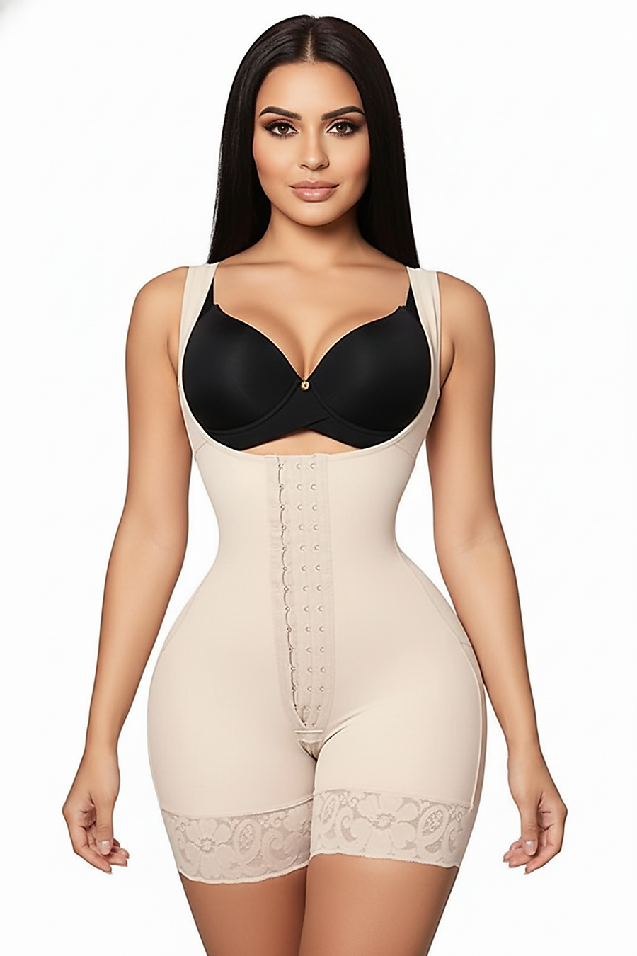 Women's postpartum high slimming girdle, angled view on model.