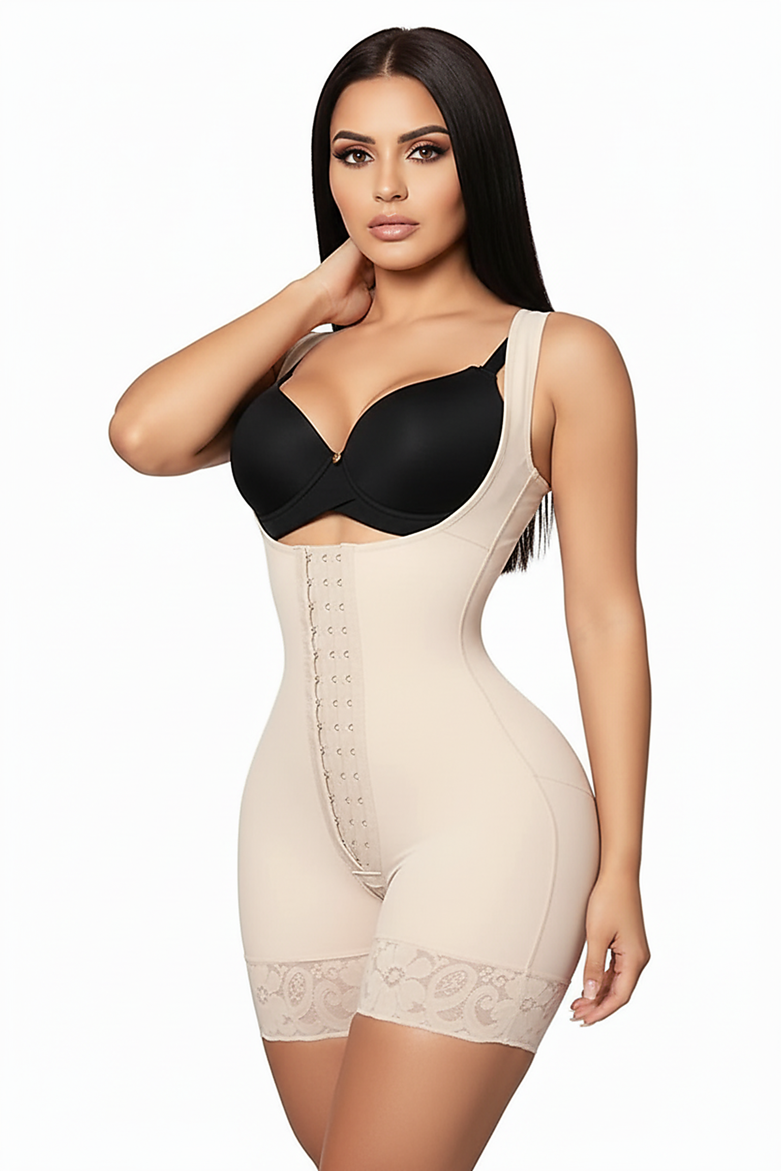 Women's postpartum post-surgical slimming girdle, angled view on model.