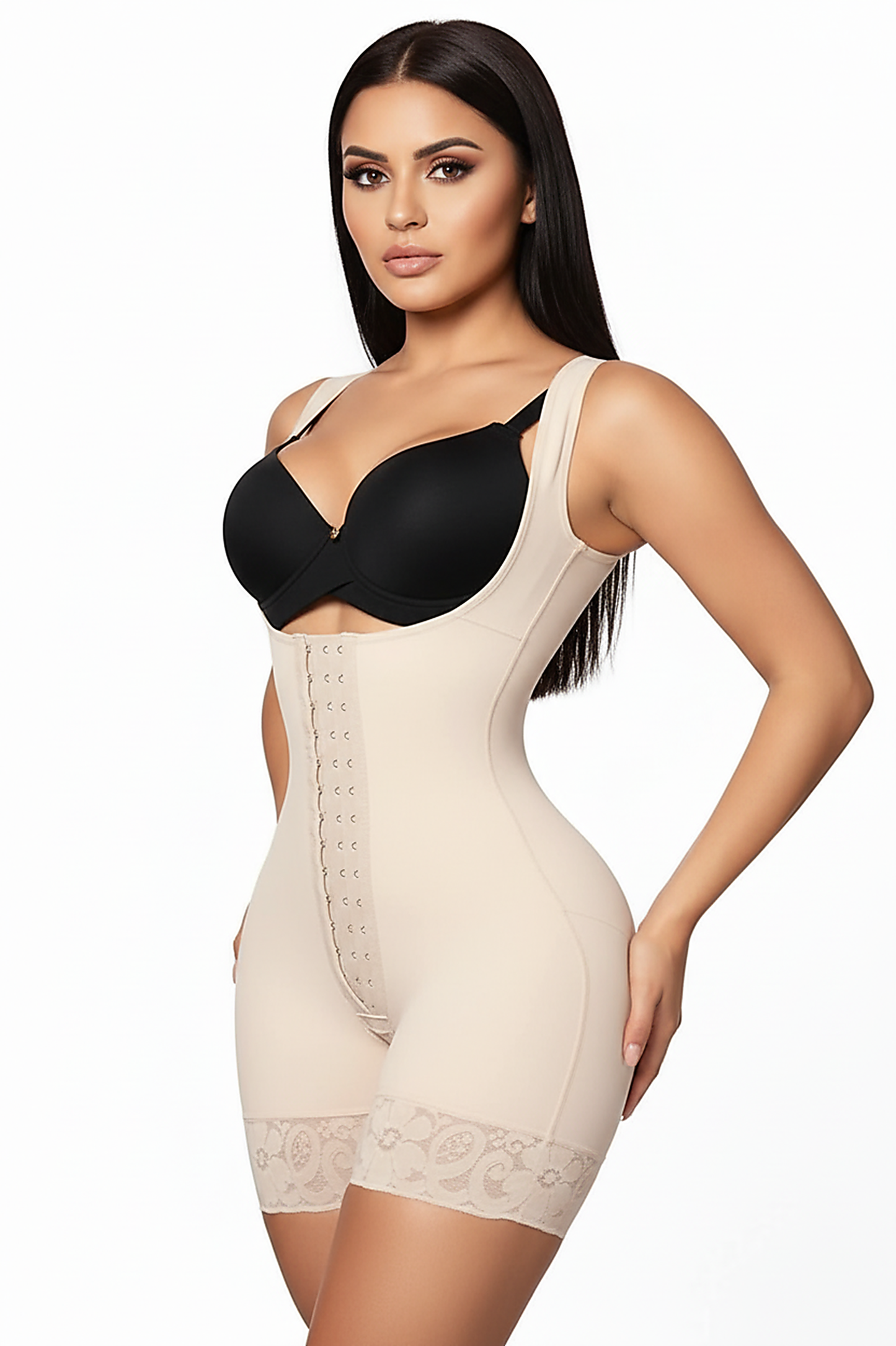 Women's postpartum slimming high girdle shapewear, angled view on model.