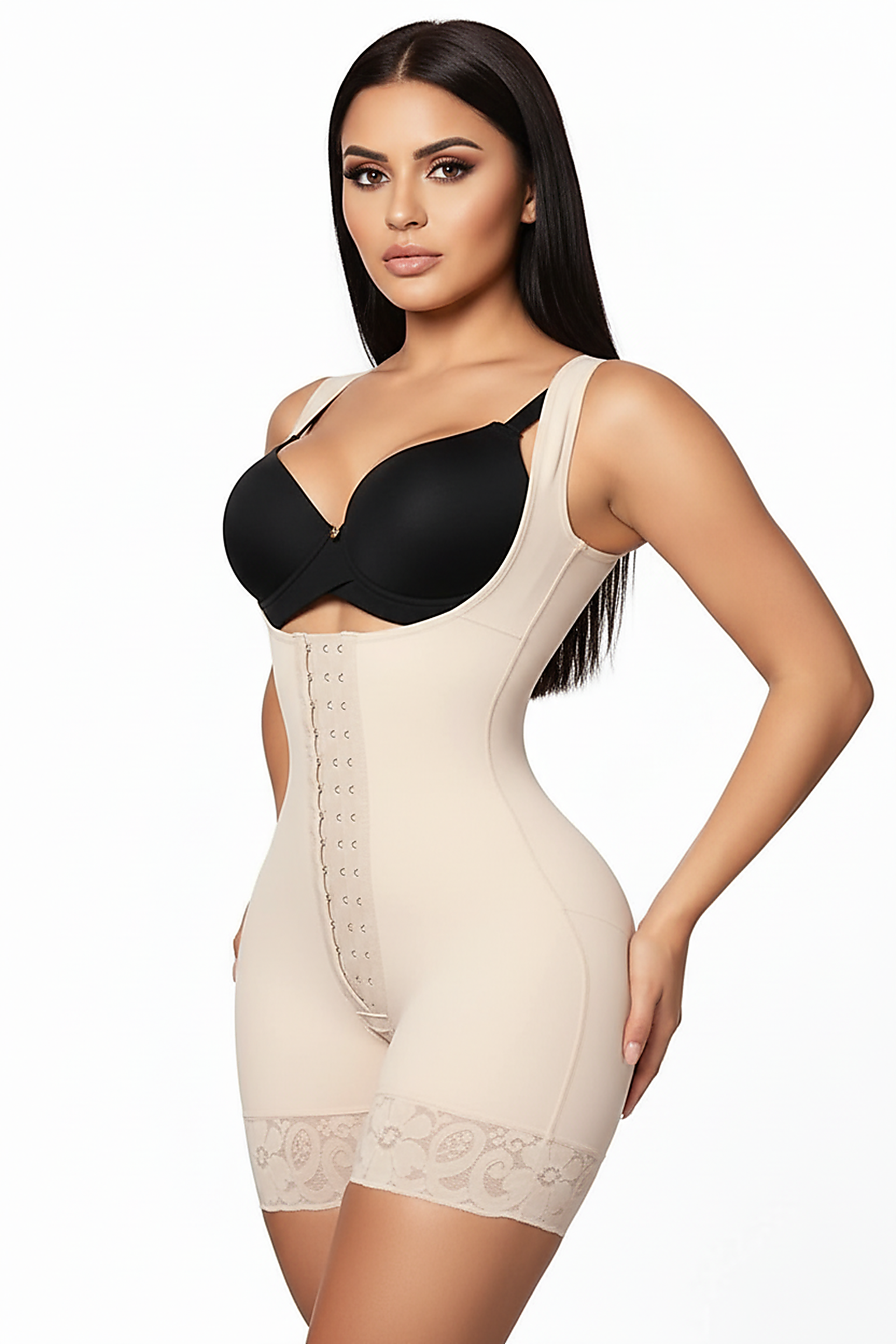 Women's postpartum slimming high girdle shapewear, angled view on model.