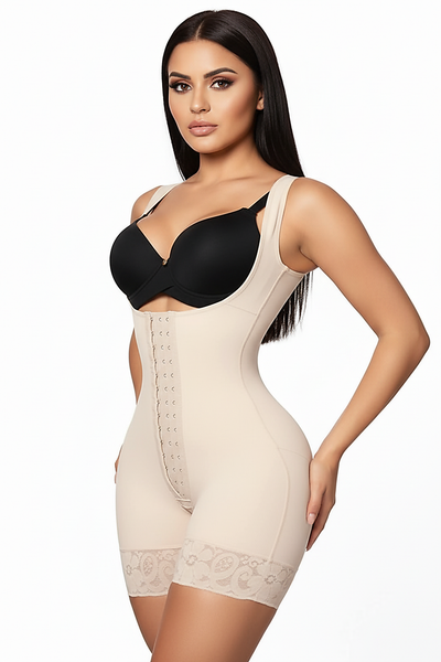 Women's postpartum slimming high girdle shapewear, angled view on model.