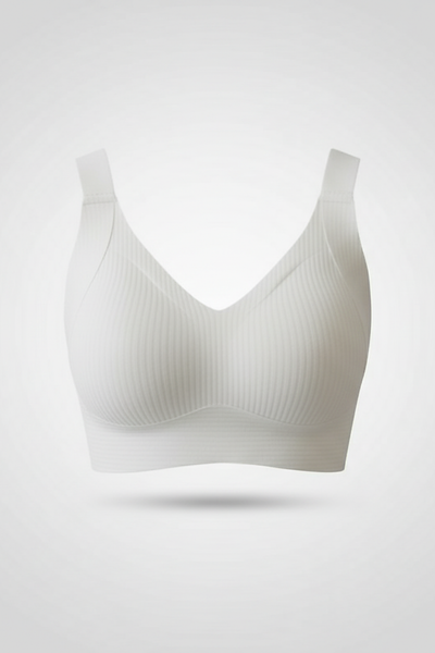Women's smooth minimizing anti-sag bra, front view on model.