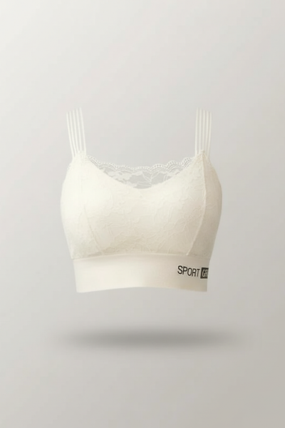 Women's seamless lace sports bra, beauty back fabric detail.