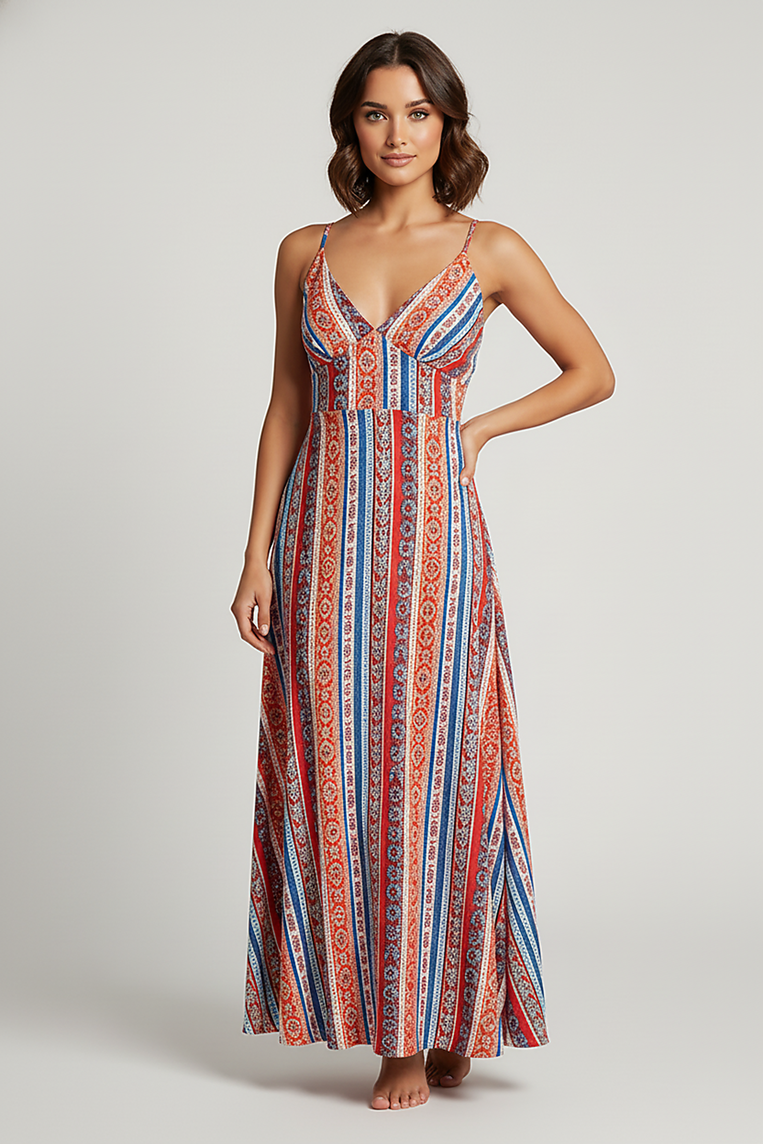 Flowy boho tribal print maxi dress with open back, outdoor lifestyle.