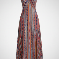 Boho ethnic pattern long dress with frill trim, front view on model.