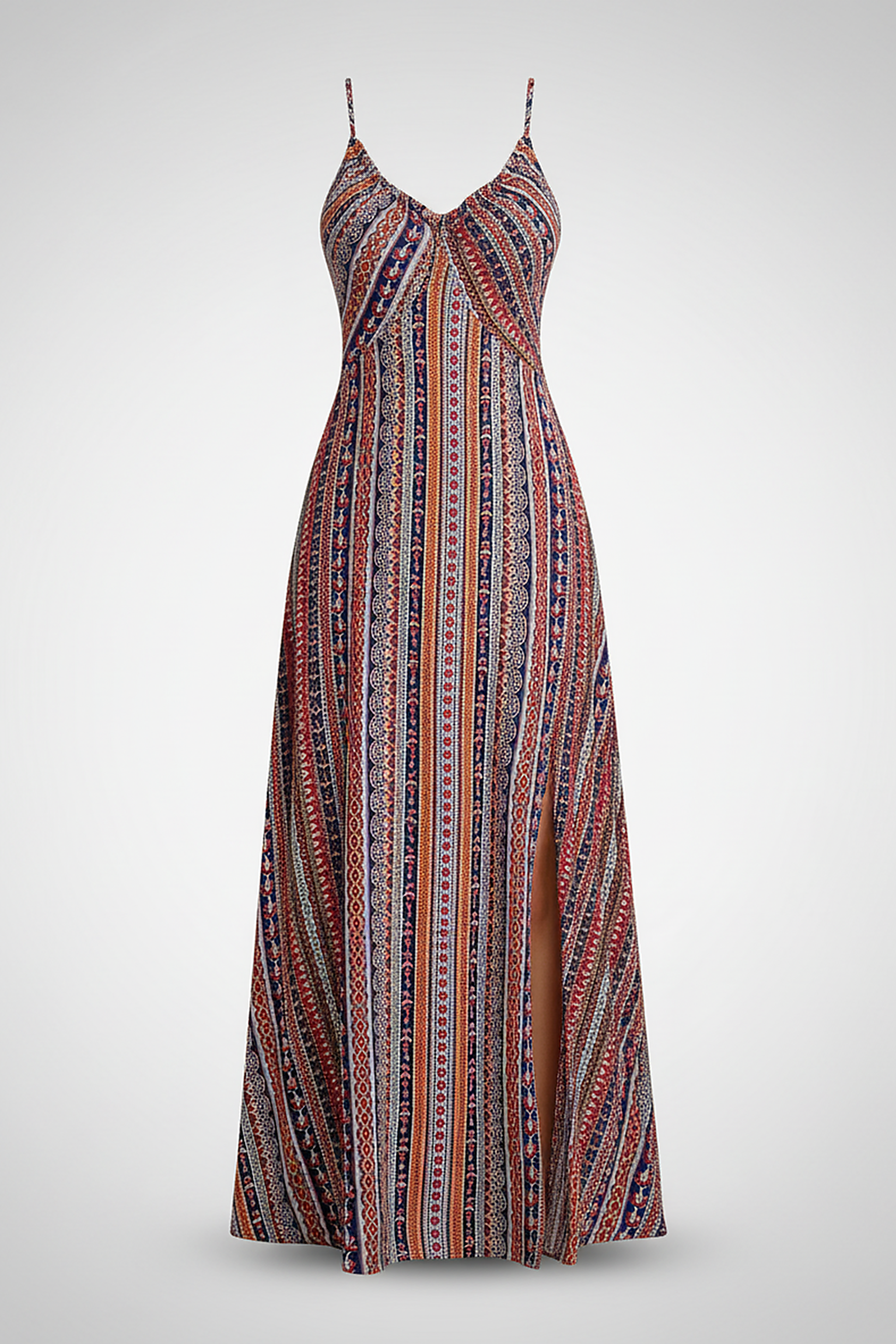 Boho ethnic pattern long dress with frill trim, front view on model.