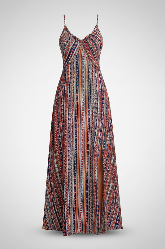 Boho ethnic pattern long dress with frill trim, front view on model.