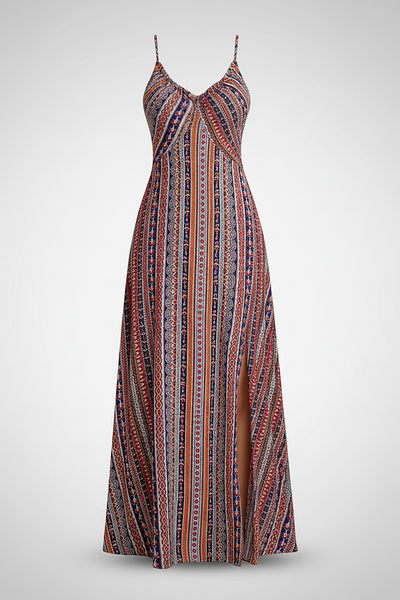 Boho ethnic pattern long dress with frill trim, front view on model.