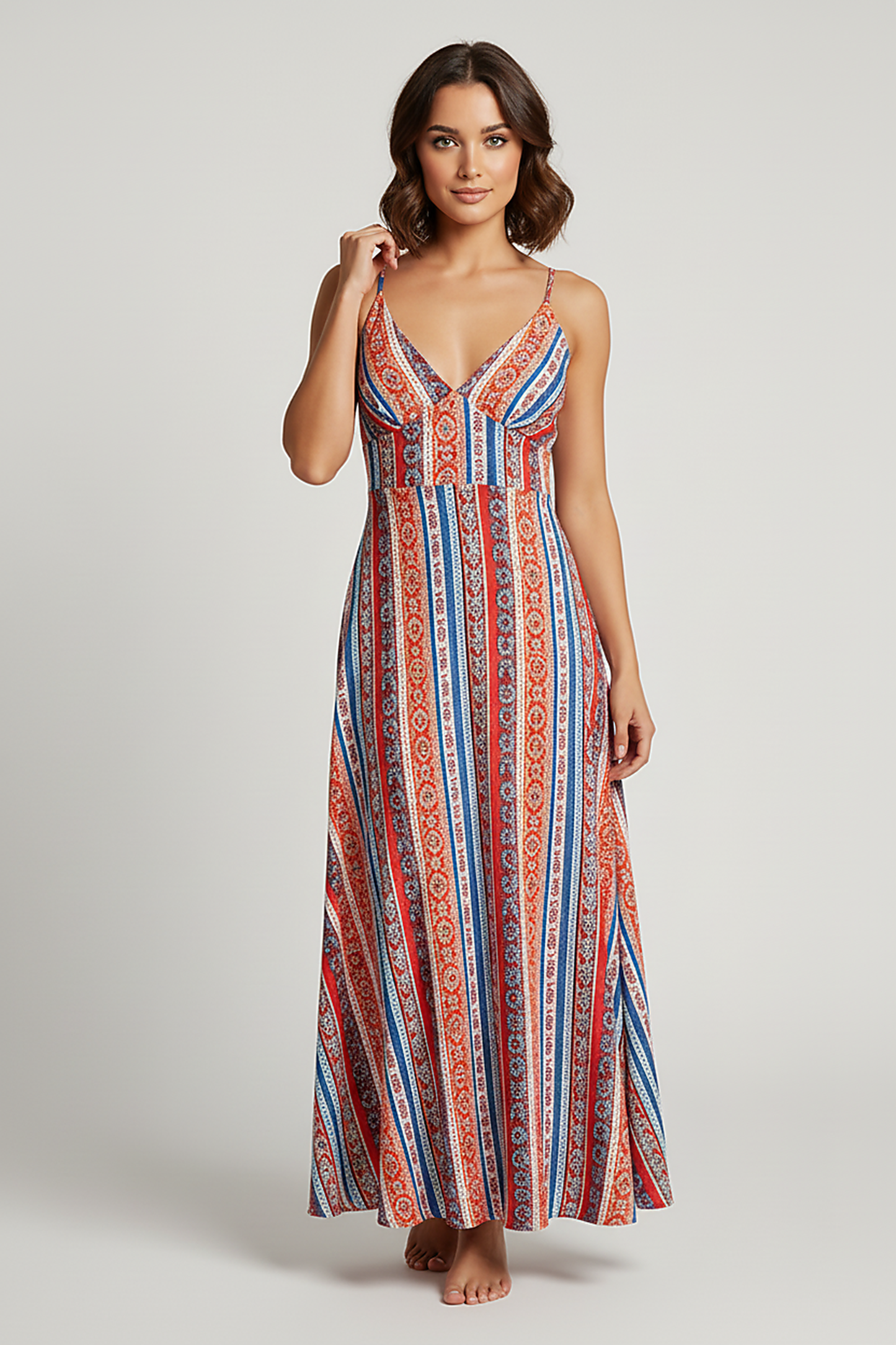 Boho ethnic pattern long summer dress with frill trim, front view on model.