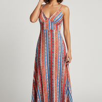 Boho ethnic pattern backless long beach dress, outdoor lifestyle.