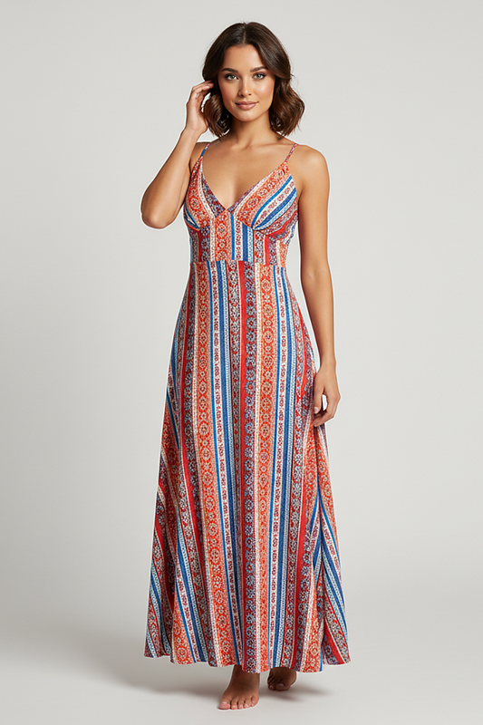Boho ethnic pattern backless long beach dress, outdoor lifestyle.