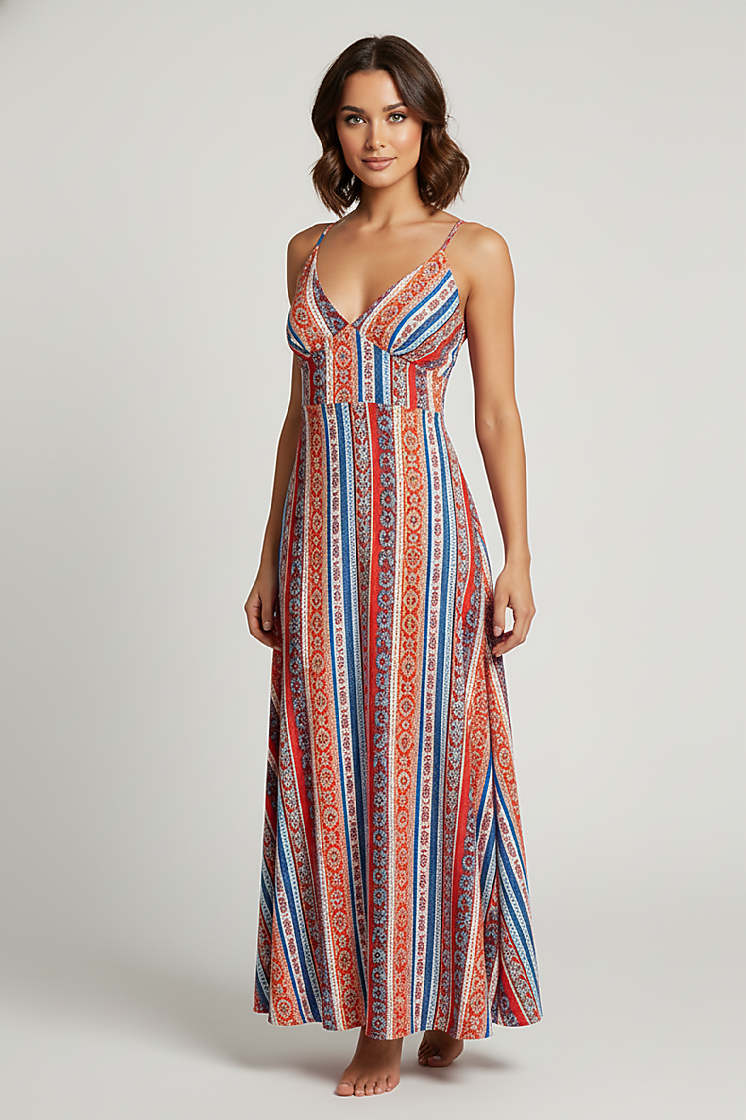 Ethnic bohemian maxi dress with split thigh and ruffle detail, front view.
