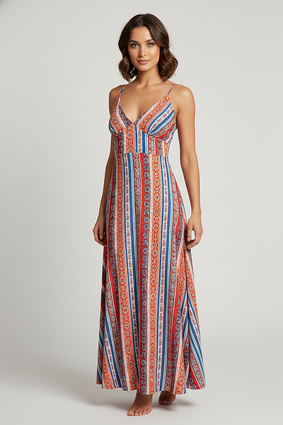 Ethnic bohemian maxi dress with split thigh and ruffle detail, front view.
