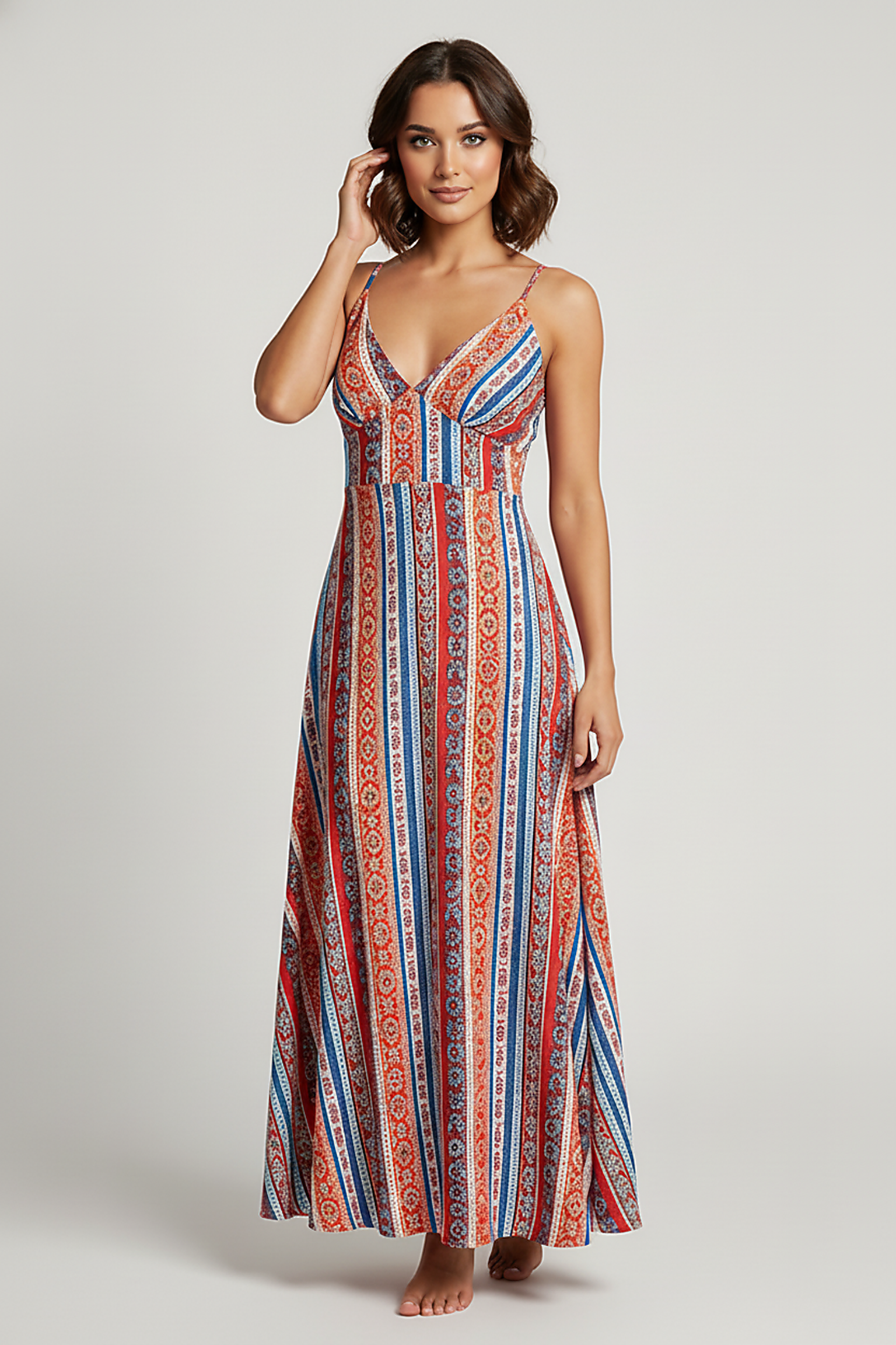 Ethnic boho vacation dress with frill trim, outdoor lifestyle.