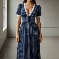 Elegant navy polka dot A-line maxi dress with lace trim, front view.