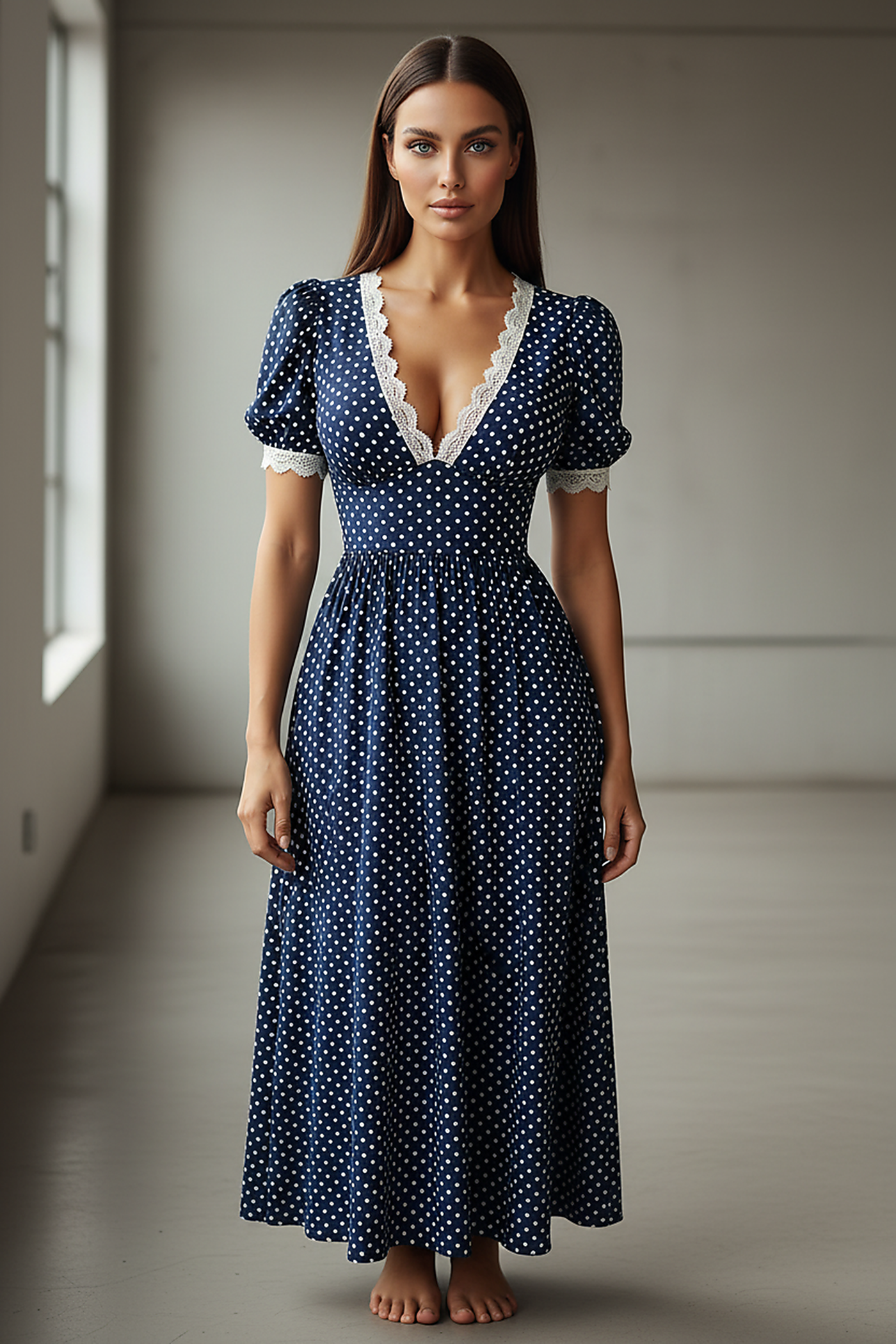 Navy Polka Dot Lace Trim V-Neck Maxi Dress