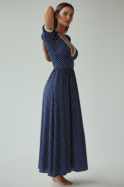 Elegant navy polka dot A-line maxi dress, V-neck, lace trim.