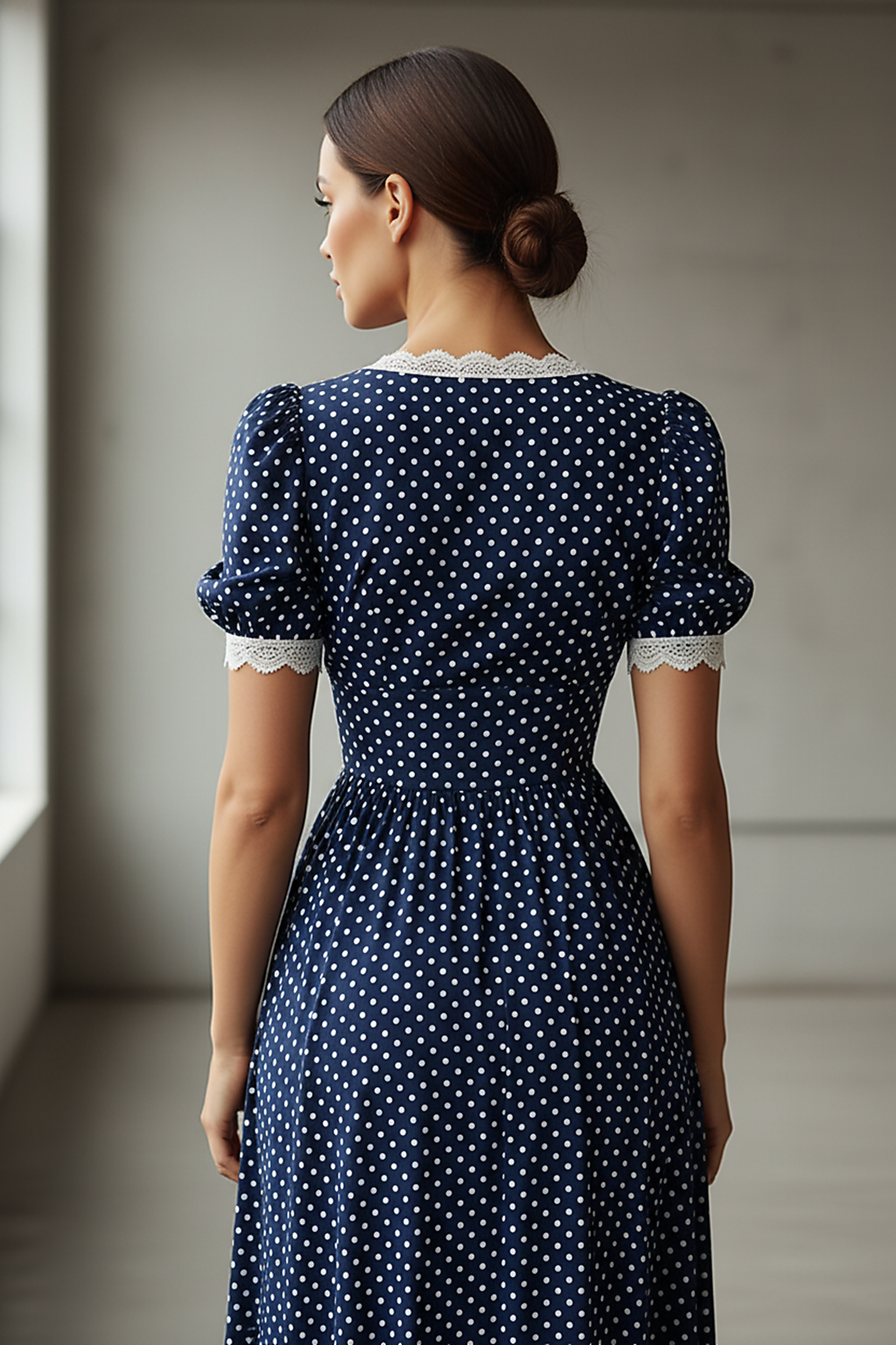 Navy polka dot A-line maxi dress with lace trim, front view.