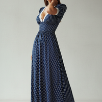 Navy polka dot cap sleeve summer maxi dress, front view.