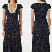 Navy polka dot A-line summer maxi robe, V-neck, lace trim.
