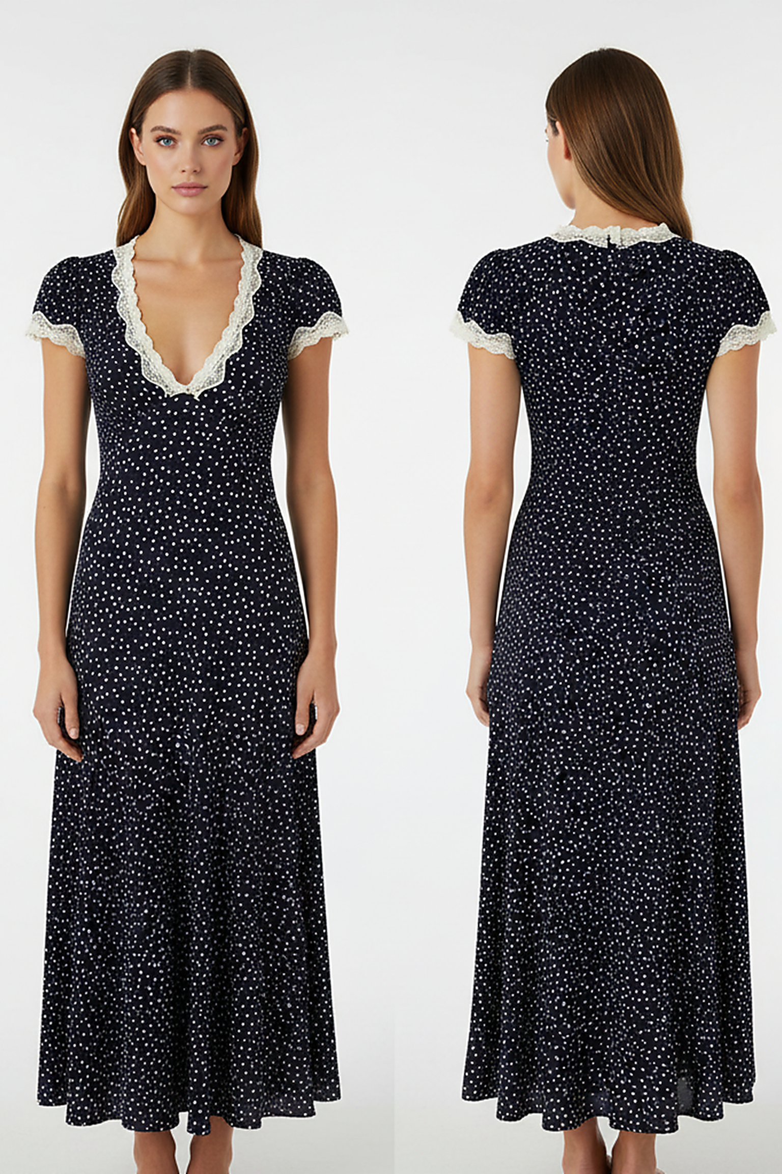 Navy polka dot A-line summer maxi robe, V-neck, lace trim.
