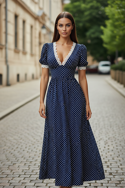Navy blue polka dot maxi robe with V-neck and lace trim.