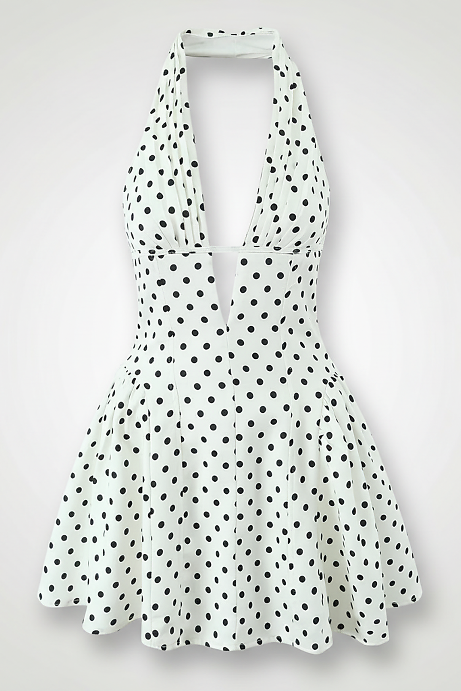 Sweet elegant retro polka dot halter mini dress, front view on model.