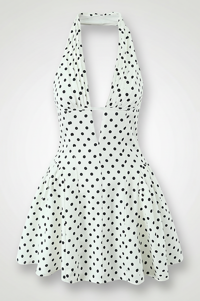 Sweet elegant retro polka dot halter mini dress, front view on model.