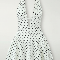 Sweet elegant retro polka dot mini dress, front view on model.