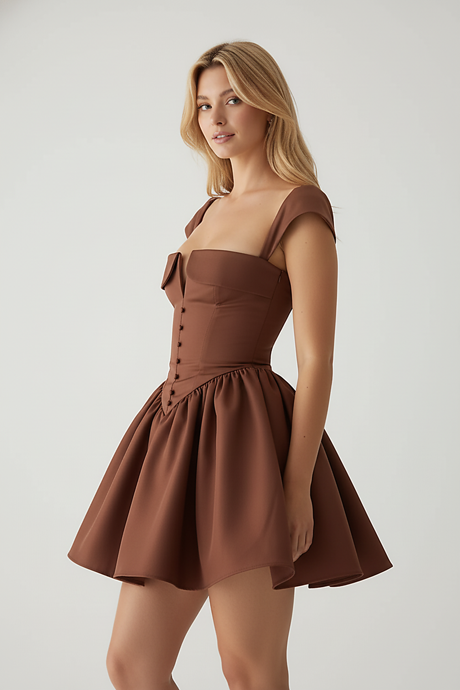 White short-sleeve mini dress, back view on model.