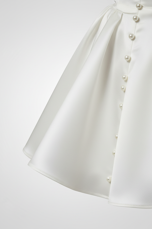 White short-sleeve mini dress, waist detail.