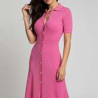 Elegant patchwork knitted long dress, front view on model.