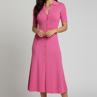 Elegant patchwork knitted long shirt sweater dress, front view.