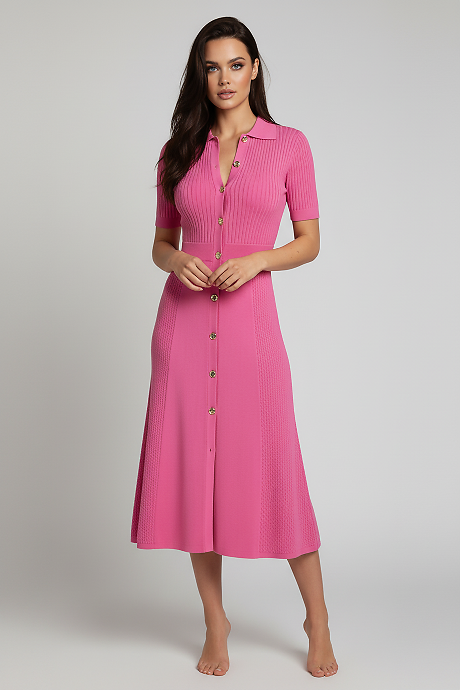 Elegant patchwork knitted long shirt sweater dress, front view.