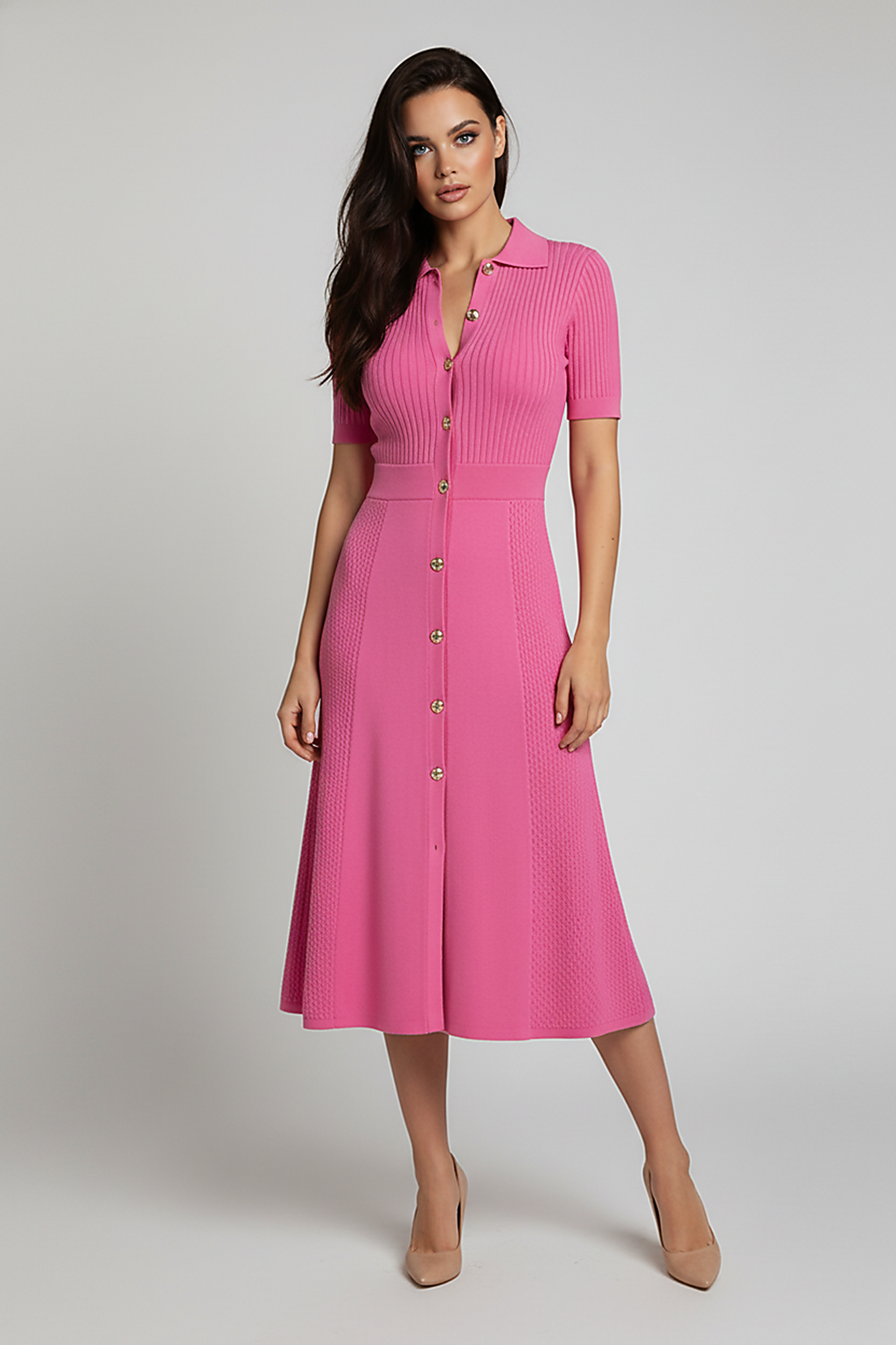 Elegant patchwork knitted maxi dress for parties, front view.