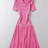 Elegant patchwork knitted long shirt sweater dress, front view.