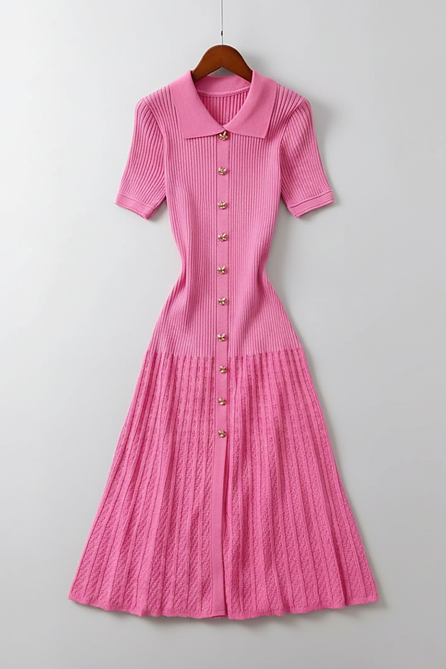 Elegant patchwork knitted long shirt sweater dress, front view.