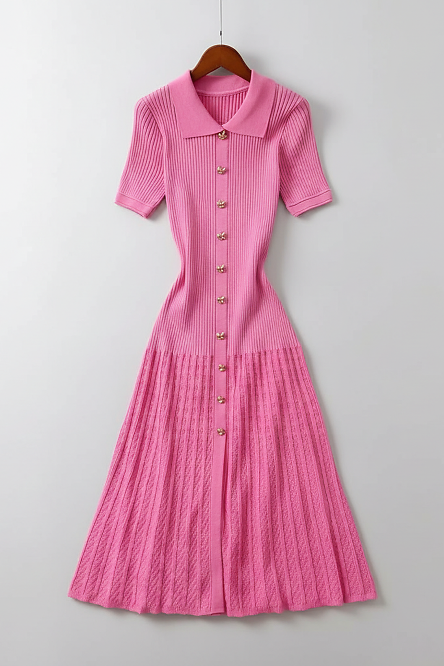 Elegant patchwork knitted long shirt sweater dress, front view.