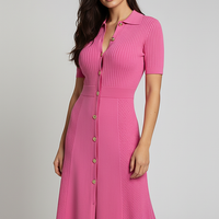 Luxury patchwork knitted shirtdress, elegant party style, front view.