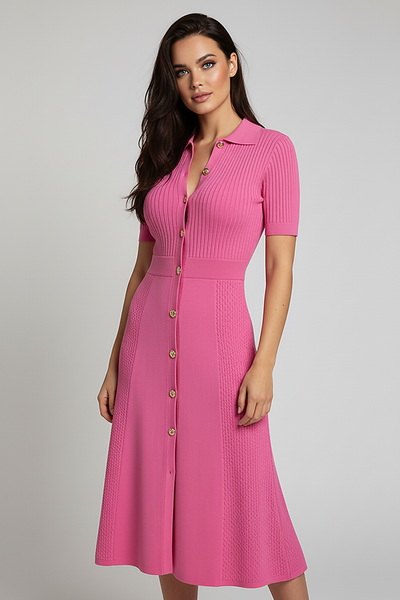 Luxury patchwork knitted shirtdress, elegant party style, front view.