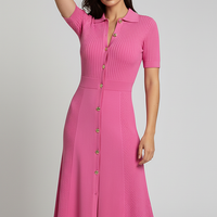 Elegant patchwork knitted long sweater dress, front view on model.