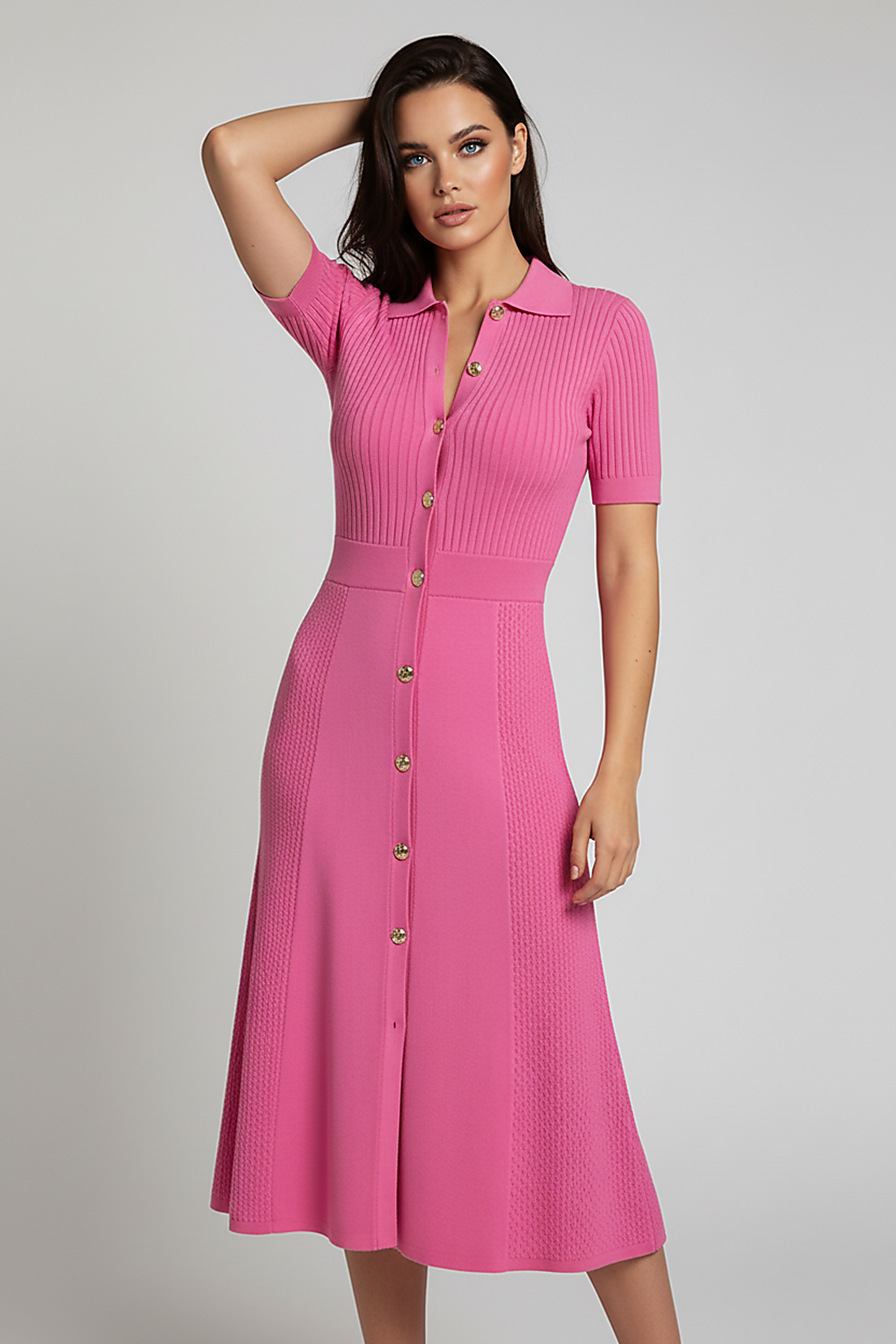 Elegant patchwork knitted long sweater dress, front view on model.