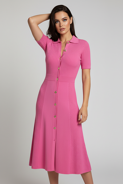 Elegant patchwork knitted long sweater dress, front view on model.