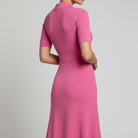 Elegant spring summer patchwork knit maxi shirt dress, front view.