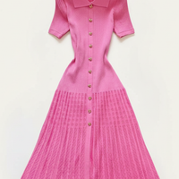 Elegant knitted patchwork maxi shirt sweater dress, front view.