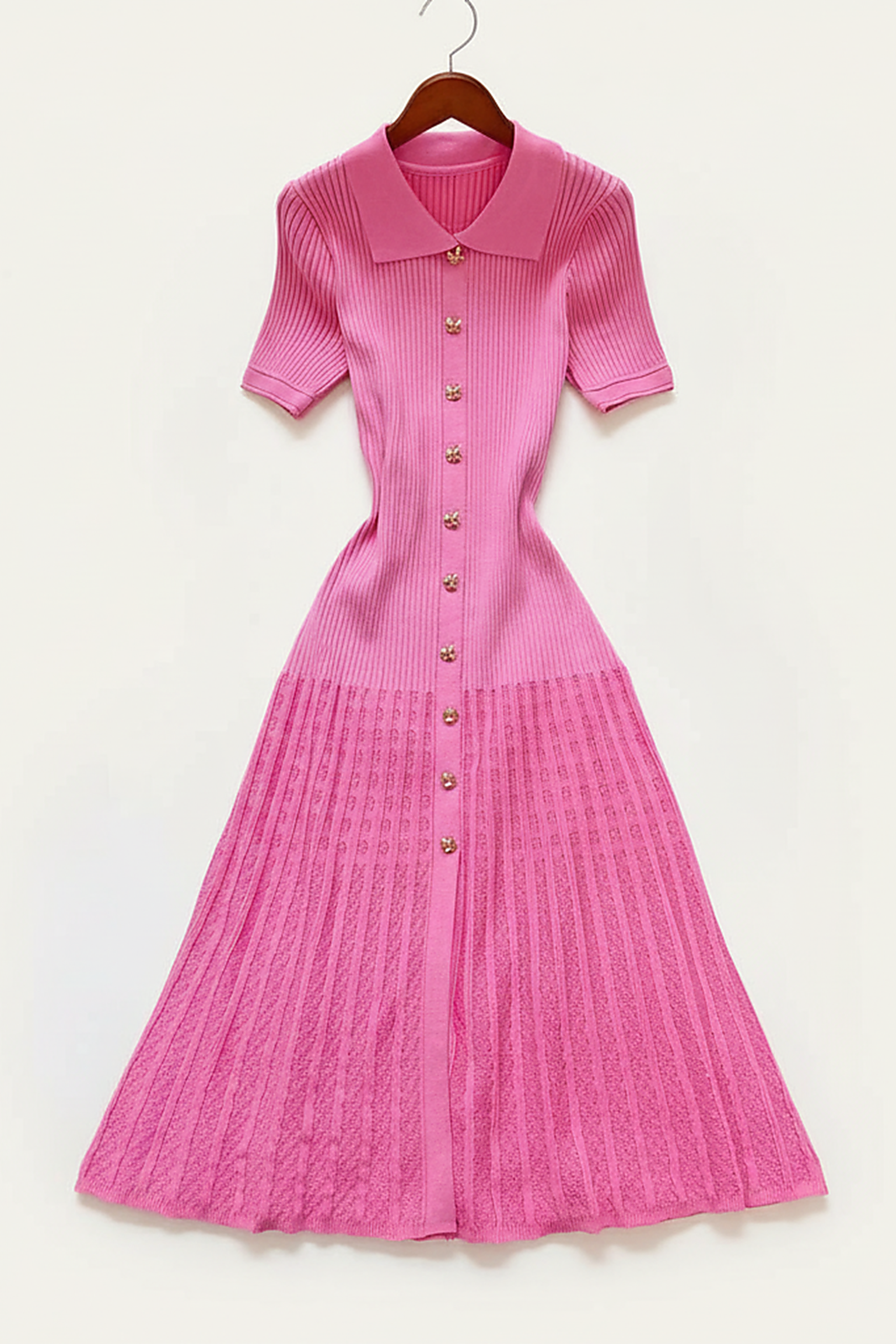 Elegant knitted patchwork maxi shirt sweater dress, front view.