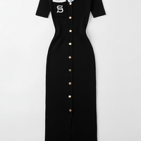 Y2K embroidered long bodycon knit dress, summer streetwear, model view.