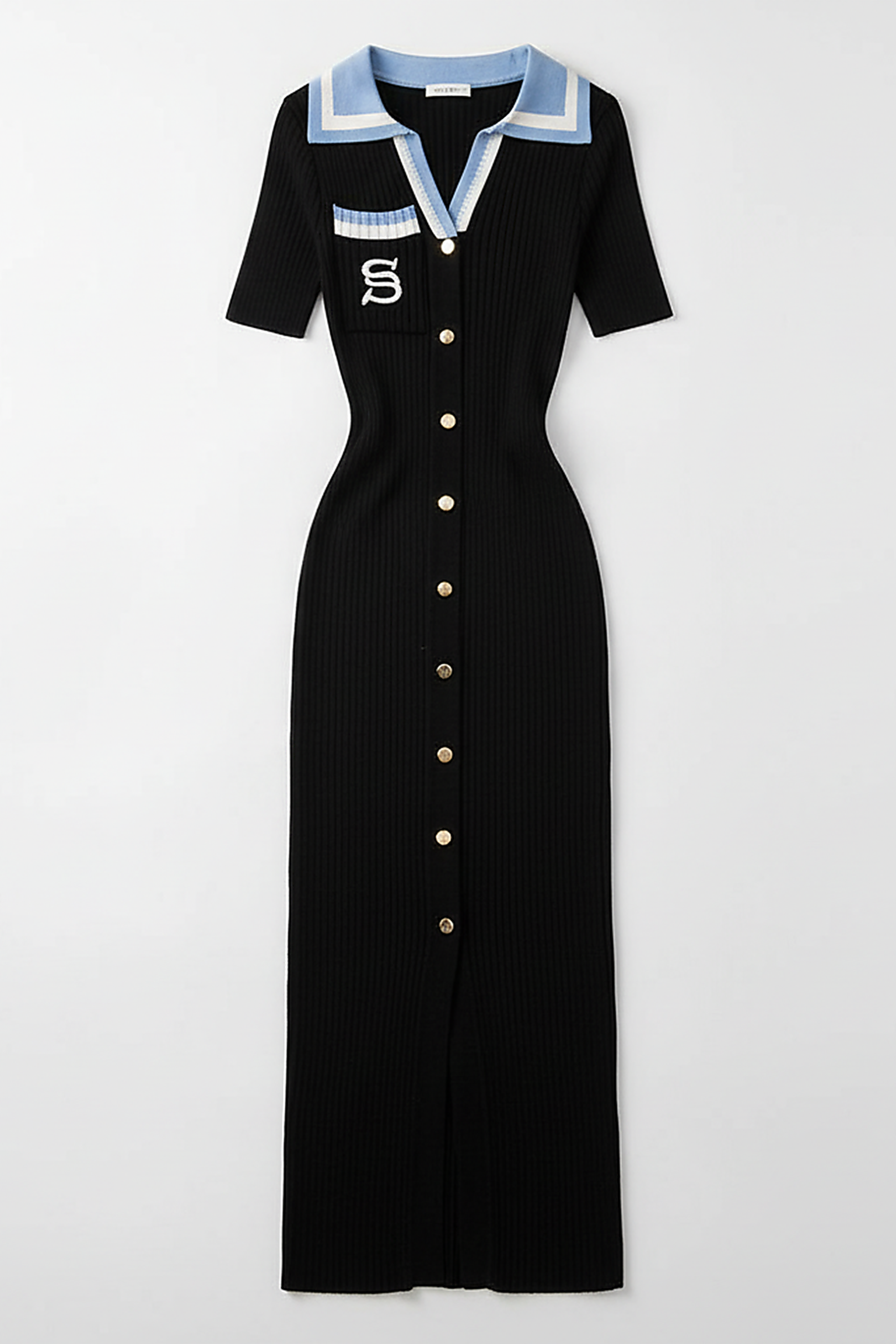 Y2K embroidered long bodycon knit dress, summer streetwear, model view.