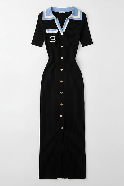 Y2K embroidered long bodycon knit dress, summer streetwear, model view.